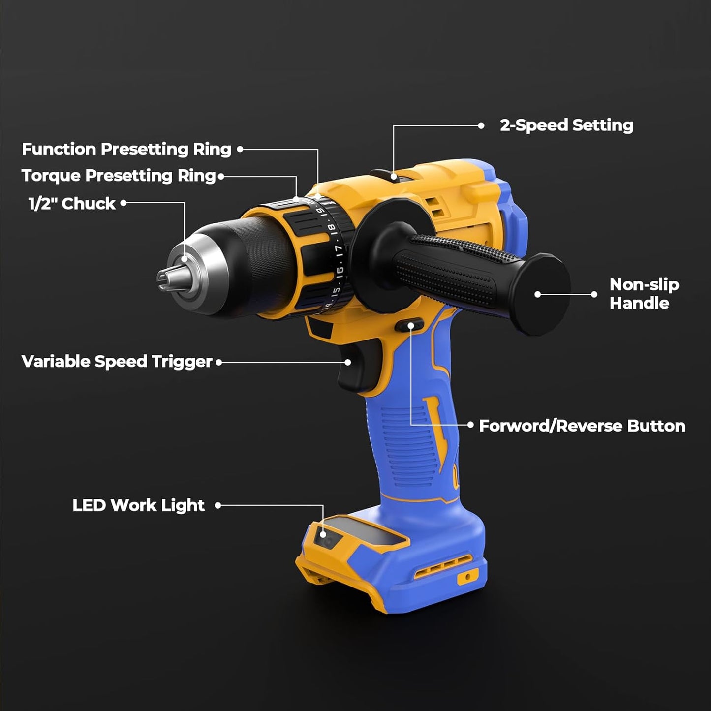 Cordless Hammer Drill Compatible with Dewalt 20V Max Battery(No Battery) Electric Drill with Brushless Motor. 1/2 Keyless Metal Chuck.4pcs Bit for Drilling Brick Wall. Metal. Wood. Screws