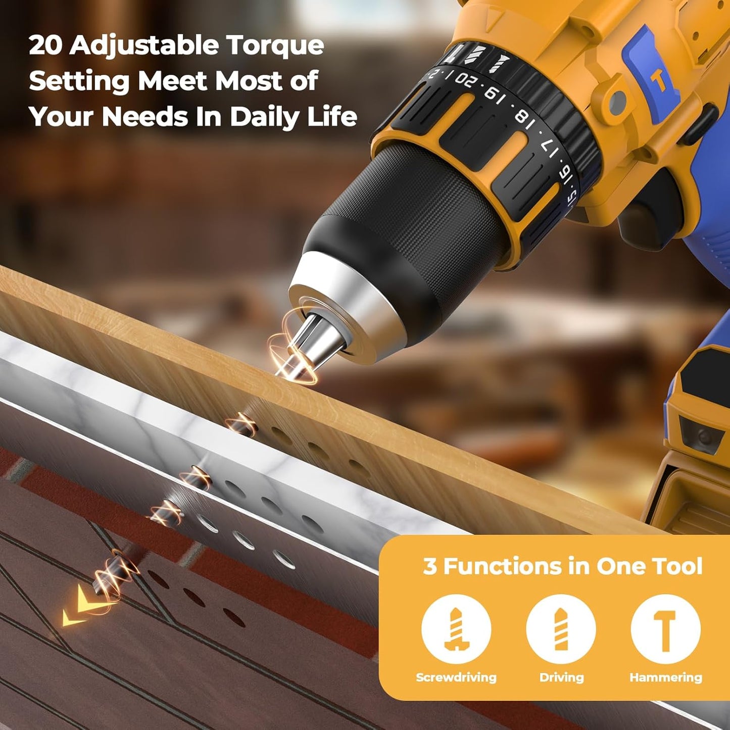 Cordless Hammer Drill Compatible with Dewalt 20V Max Battery(No Battery) Electric Drill with Brushless Motor. 1/2 Keyless Metal Chuck.4pcs Bit for Drilling Brick Wall. Metal. Wood. Screws