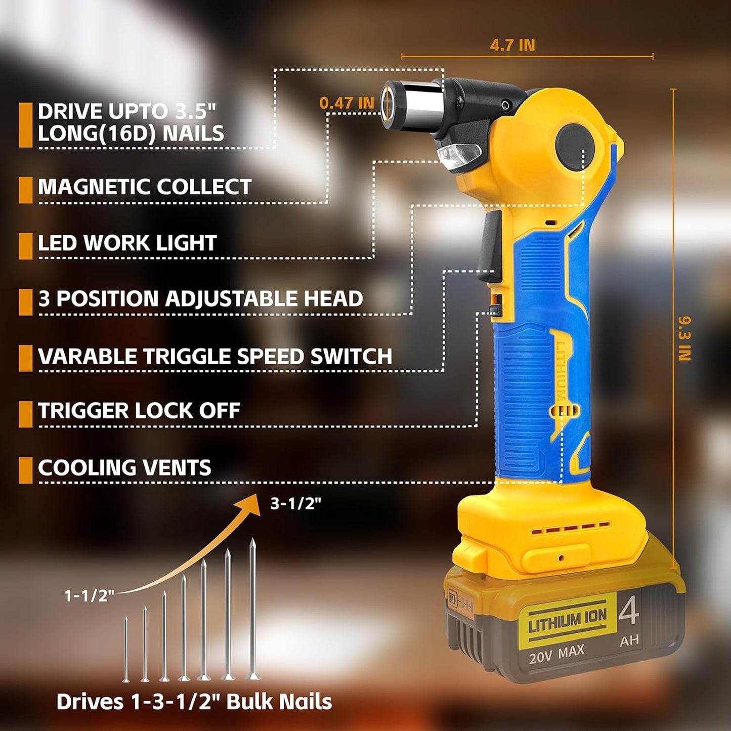 Cordless Palm Nailer,Dewalt 20V Max Battery Compatible(NO Battery), Auto Hammer with Magnetic Collet Brushless 14000 RPM,0-90°Adjustable,Cordless Power Nailer for Joist Hangers, Tight Spaces