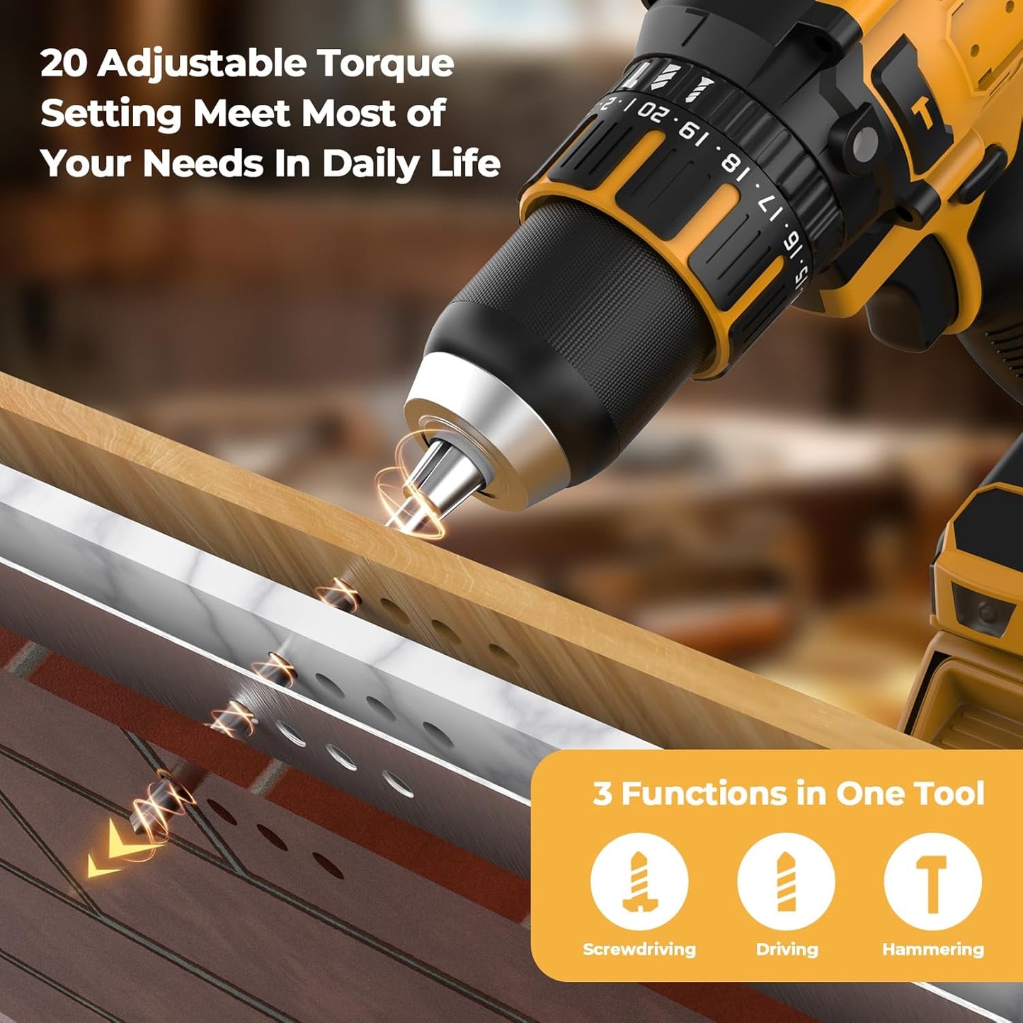 Hammer Drill Compatible with Dewalt 20V Max Battery(No Battery) Cordless Drill/Driver with Brushless Motor. 1/2 Keyless Metal Chuck.4pcs Bit for Drilling Brick Wall. Metal. Wood. Screws