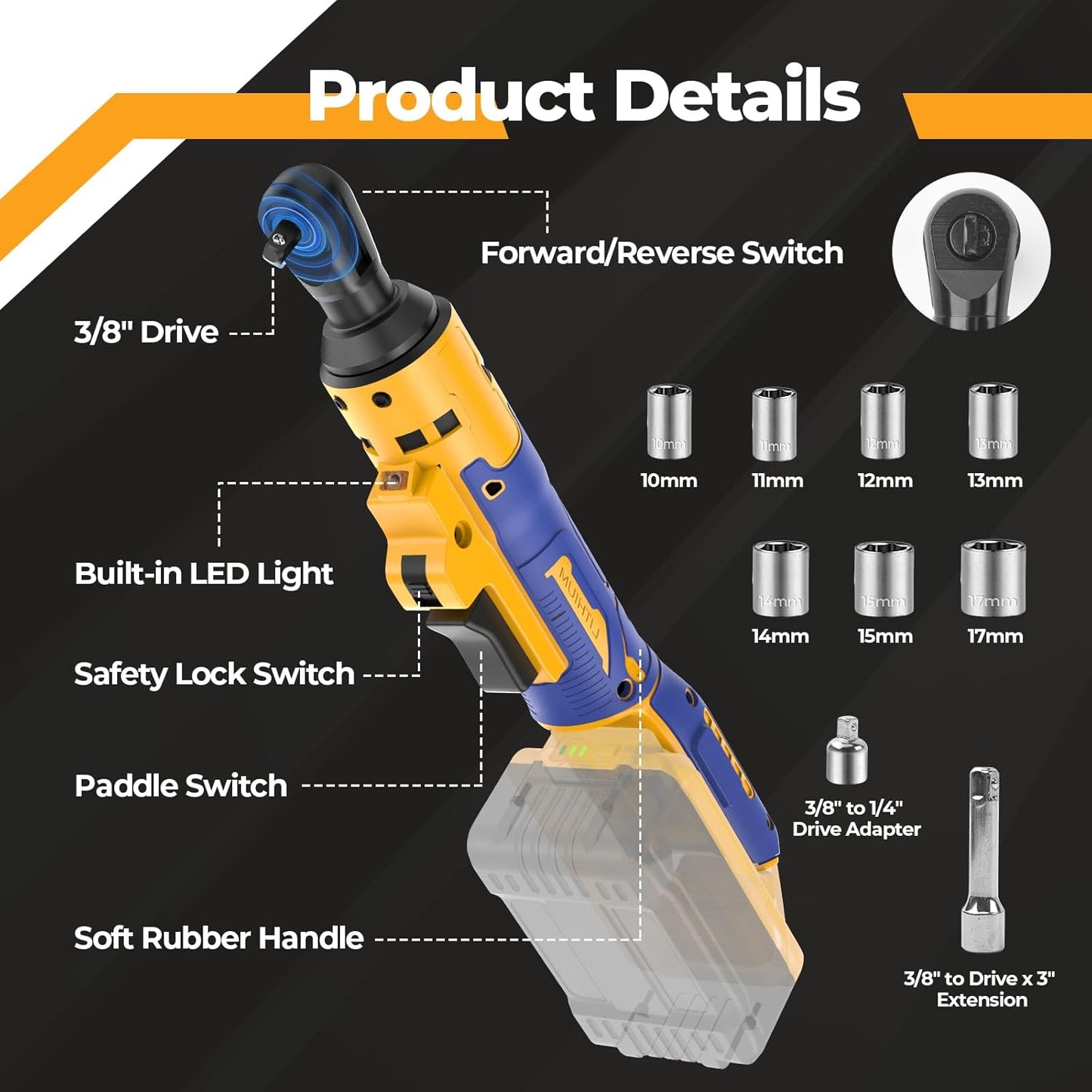 Ratchet Wrench Compatible With Dewalt 20V MAX Battery(No Battery) 3/8 Cordless Ratchet Wrench with 7CS Sockets.1/4 Adapter.3 Extension Bar