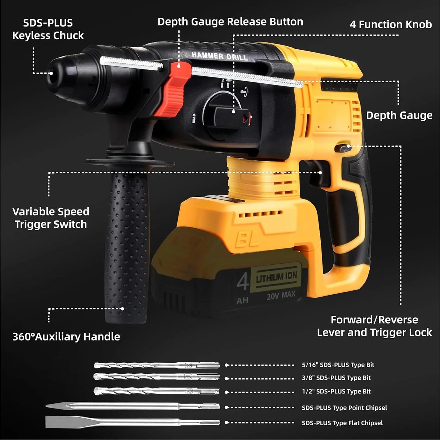 20V SDS-Plus Cordless Rotary Hammer Drill Compatible with Dewalt Battery(NO Battery), Brushless Motor,Safety Clutch,1200RPM,4 Functions with 5 Drills and Carrying Case for Concrete/Masonry/Wood/Metal