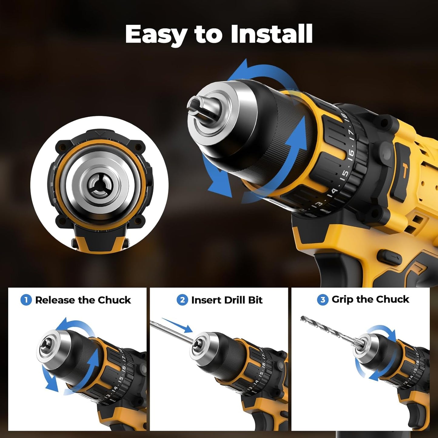 Hammer Drill Compatible with Dewalt 20V Max Battery(No Battery) Cordless Drill/Driver with Brushless Motor. 1/2 Keyless Metal Chuck.4pcs Bit for Drilling Brick Wall. Metal. Wood. Screws