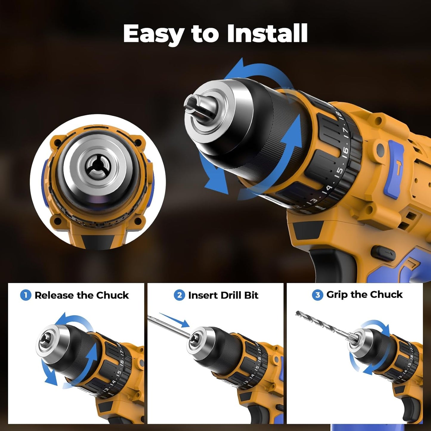 Cordless Hammer Drill Compatible with Dewalt 20V Max Battery(No Battery) Electric Drill with Brushless Motor. 1/2 Keyless Metal Chuck.4pcs Bit for Drilling Brick Wall. Metal. Wood. Screws