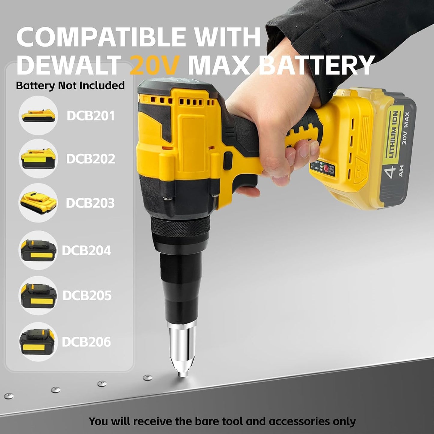 Cordless Rivet Gun,Dewalt 20V Max Battery Compatible(No Battery), Brushless Pop Rivet Gun Tool for Aluminum Nails 1/8. 5/32. 3/16(Not for Stainless Nails),Built - in LED, 2000lbs
