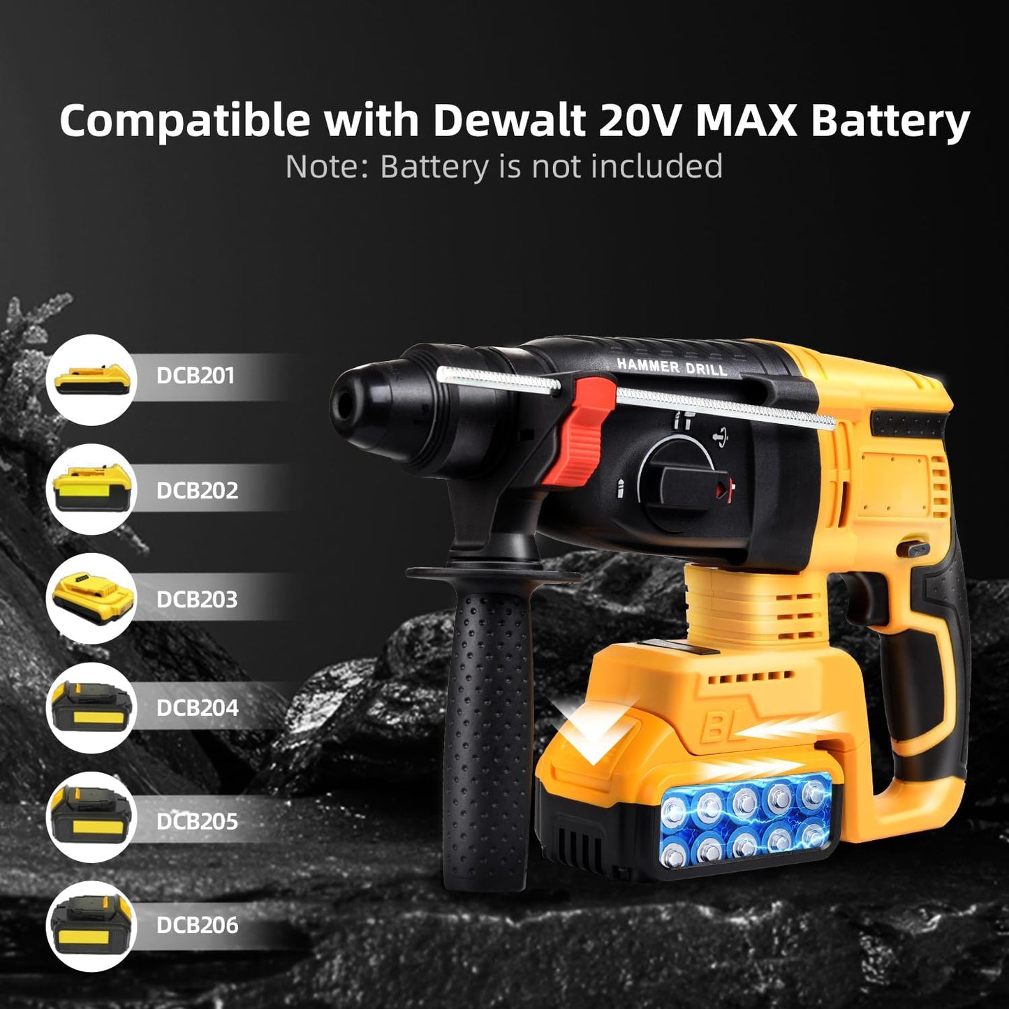 20V SDS-Plus Cordless Rotary Hammer Drill Compatible with Dewalt Battery(NO Battery), Brushless Motor,Safety Clutch,1200RPM,4 Functions with 5 Drills and Carrying Case for Concrete/Masonry/Wood/Metal