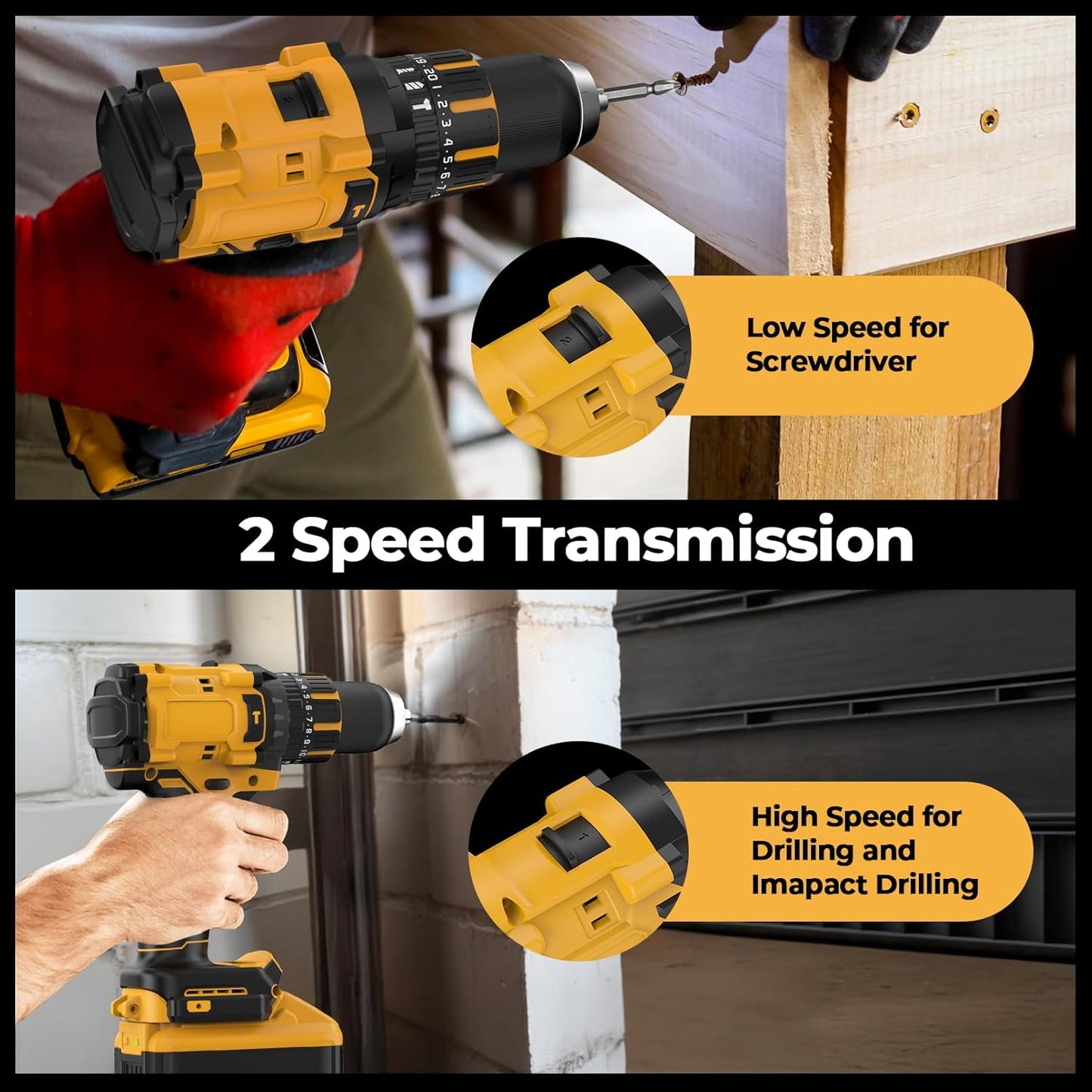 Hammer Drill Compatible with Dewalt 20V Max Battery(No Battery) Cordless Drill/Driver with Brushless Motor. 1/2 Keyless Metal Chuck.4pcs Bit for Drilling Brick Wall. Metal. Wood. Screws