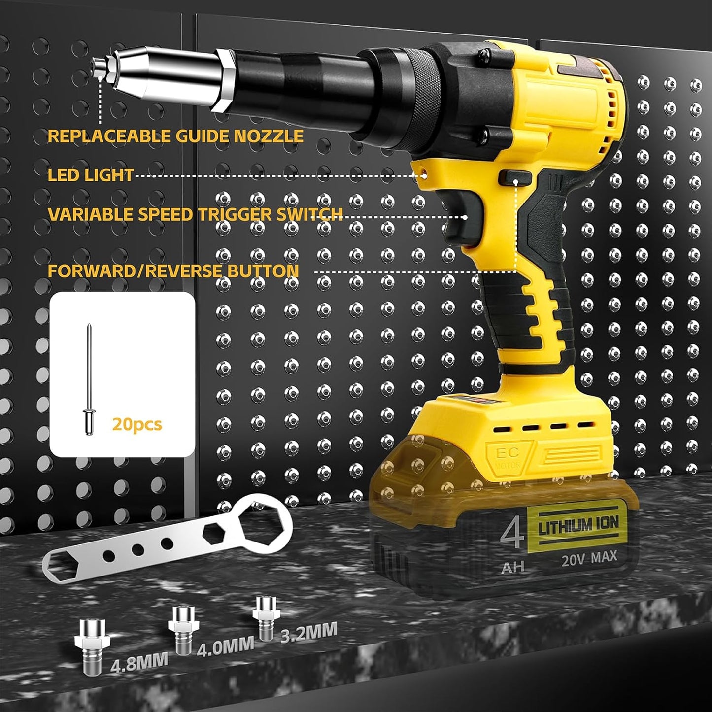Cordless Rivet Gun,Dewalt 20V Max Battery Compatible(No Battery), Brushless Pop Rivet Gun Tool for Aluminum Nails 1/8. 5/32. 3/16(Not for Stainless Nails),Built - in LED, 2000lbs