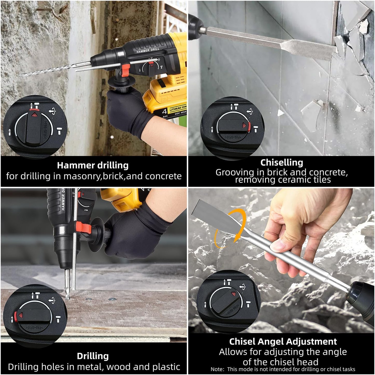 20V SDS-Plus Cordless Rotary Hammer Drill Compatible with Dewalt Battery(NO Battery), Brushless Motor,Safety Clutch,1200RPM,4 Functions with 5 Drills and Carrying Case for Concrete/Masonry/Wood/Metal