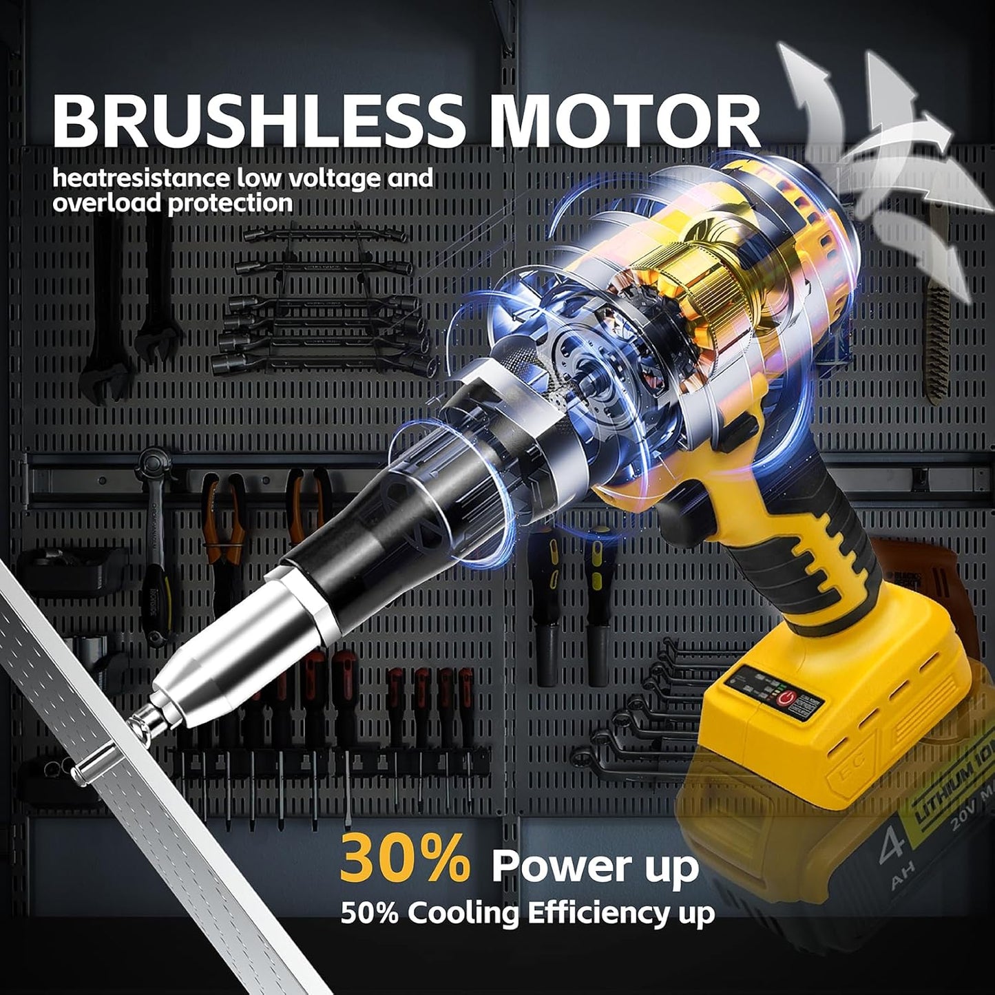 Cordless Rivet Gun,Dewalt 20V Max Battery Compatible(No Battery), Brushless Pop Rivet Gun Tool for Aluminum Nails 1/8. 5/32. 3/16(Not for Stainless Nails),Built - in LED, 2000lbs