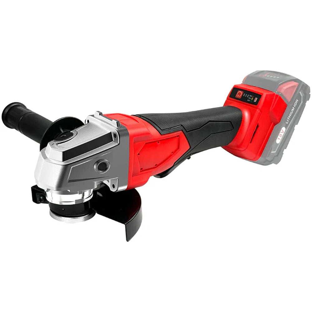 Red and black angle grinder on a white background