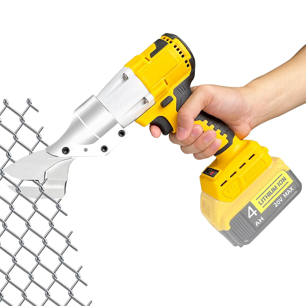 Hand holding a yellow and black metal shears compatible with dewalt battery, cutting through metal wire mesh.