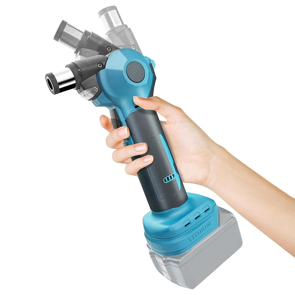 Hand holding a blue and gray power tool compatible with makita battery with a white background