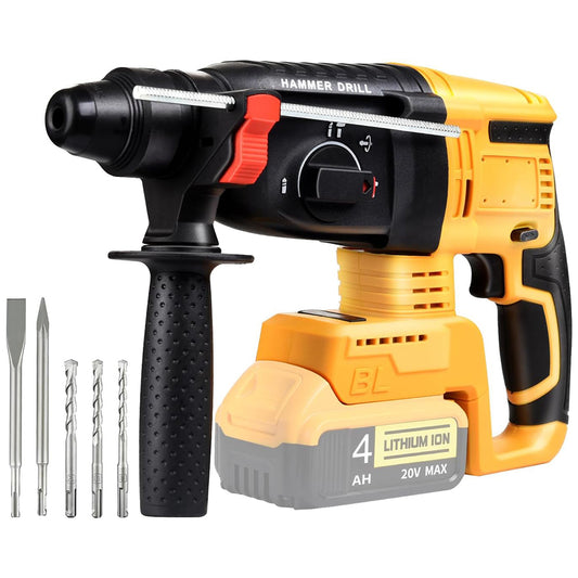 Yellow and black cordless hammer drill with accessories on a white background