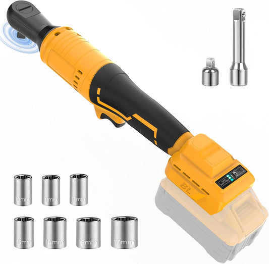 3/8 Cordless Ratchet Wrench Compatible With Dewalt 20V MAX Battery(No Battery) 74Ft-Lbs Brushless Ratchet Wrench with 7CS Sockets.1/4 Adapter.3 Extension Bar
