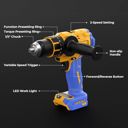 Cordless Hammer Drill Compatible with Dewalt 20V Max Battery(No Battery) Electric Drill with Brushless Motor. 1/2 Keyless Metal Chuck.4pcs Bit for Drilling Brick Wall. Metal. Wood. Screws