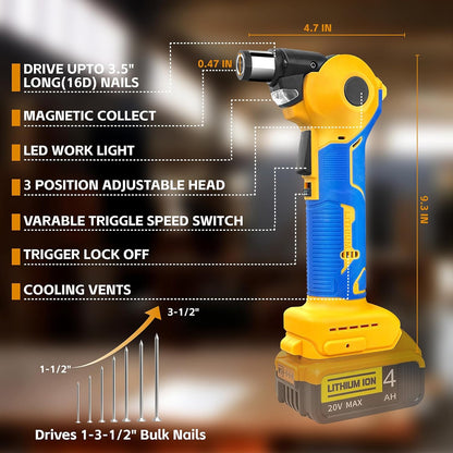 Cordless Palm Nailer,Dewalt 20V Max Battery Compatible(NO Battery), Auto Hammer with Magnetic Collet Brushless 14000 RPM,0-90°Adjustable,Cordless Power Nailer for Joist Hangers, Tight Spaces