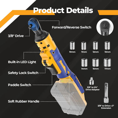 Ratchet Wrench Compatible With Dewalt 20V MAX Battery(No Battery) 3/8 Cordless Ratchet Wrench with 7CS Sockets.1/4 Adapter.3 Extension Bar