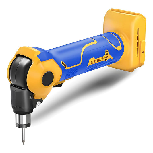 Yellow and blue cordless drill on a white background