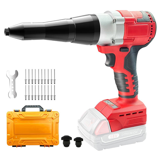 Red cordless drill with accessories on a white background