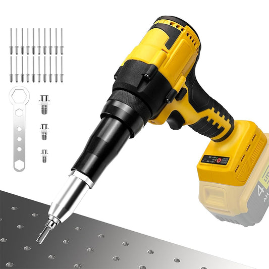 Yellow and black cordless drill with accessories on a white background