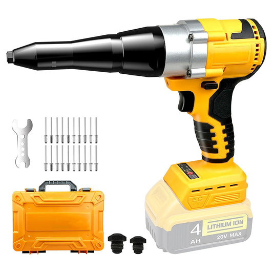 Yellow and black cordless rivet gun with accessories on a white background