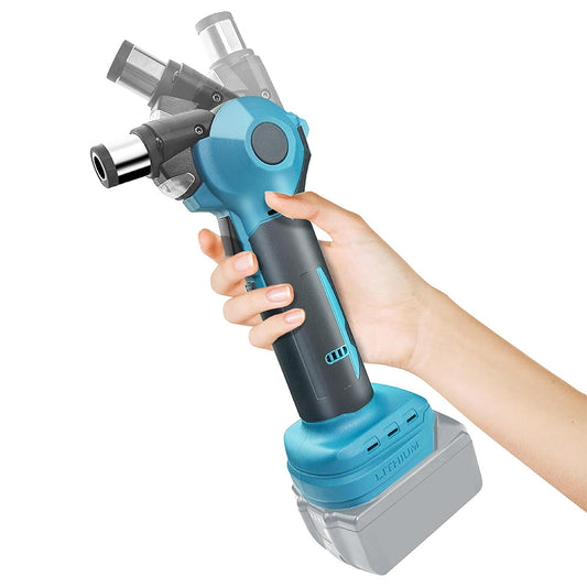 Hand holding a blue and gray power tool compatible with  makita battery with a white background